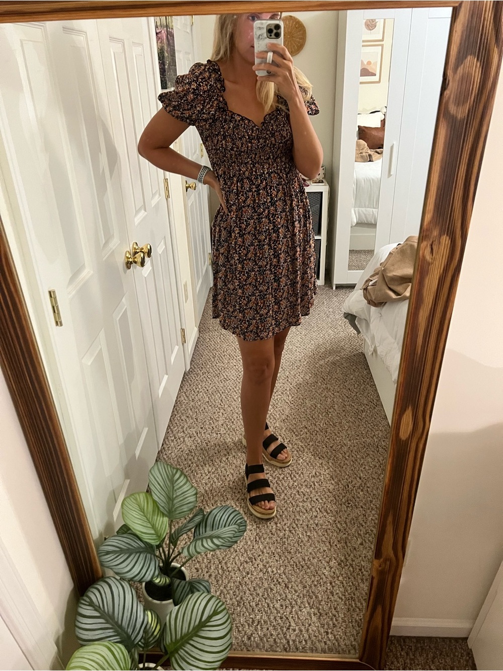 Floral Smocked Mini Dress in Black and Neutrals